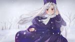  1girl blurry blurry_background coat english_commentary fate/stay_night fate_(series) hat highres illyasviel_von_einzbern jishui3q long_hair long_sleeves looking_to_the_side outdoors purple_coat purple_hat purple_skirt red_eyes scarf skirt snowing solo white_hair white_scarf winter 
