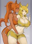  2girls :o ^^^ against_wall animal_ears arched_back arm_behind_back arm_between_breasts arm_support assertive_female asymmetrical_bangs bare_shoulders between_breasts blonde_hair blush braid breasts carrot_hair_ornament cleavage closed_mouth clothed_sex clothes_writing collarbone colored_mouth colored_tongue commentary cowboy_shot curled_tail curvy dark-skinned_female dark_skin dolphin_shorts dry_humping ears_up english_commentary eyebrows_hidden_by_hair fingering fingering_from_behind food-themed_hair_ornament from_side furrowed_brow grabbing_another&#039;s_breast grabbing_from_behind gradient_background grey_background groin groping hair_between_eyes hair_flaps hair_ornament hair_over_shoulder hair_tie half-closed_eyes half_up_braid hand_under_clothes hand_under_shorts hand_up heart heavy_breathing high_ponytail highres horse_ears horse_race_tests horse_tail humping jovial_merryment large_breasts leaning_forward leaning_on_person legs_apart lightning_strikes_thrice long_eyelashes long_hair looking_at_another looking_back midriff motion_lines multicolored_hair multiple_girls name_tag narrowed_eyes naughty_face navel open_mouth orange_eyes orange_hair orange_shorts orange_sports_bra orange_tail pale_skin parted_bangs pelvic_thrust ponytail profile pussy_juice raised_eyebrows reach-around saliva seductive_smile shorts sidelocks skindentation sleeptopi smile smirk sports_bra sportswear streaked_hair sweat tail tail_raised taut_clothes teeth thick_eyelashes thick_thighs thighs toned toned_female tongue tongue_out tsurime upper_teeth_only v-shaped_eyebrows very_long_hair wavy_hair wet wet_clothes wet_shorts wide_hips yellow_eyes yellow_shorts yellow_sports_bra yellow_tongue yuri 