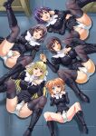  5girls absurdres arm_under_breasts black_boots blonde_hair blue_eyes boots breasts camel character_request commission cross cross_necklace ekaterina_kurae from_above green_eyes grey_eyes hand_on_own_chest hand_on_own_crotch highres jewelry knee_boots large_breasts legs_up lying multiple_girls nao_takami necklace nun on_back on_floor open_mouth orange_hair panties purple_eyes purple_hair seikon_no_qwaser skeb_commission spread_legs teeth teresa_beria thighhighs torn_clothes underwear upper_teeth_only white_panties 