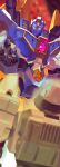  2boys blue_sclera blurry blurry_foreground colored_sclera commentary commentary_request covered_mouth d-16 from_behind from_below highres inaki_shinrou looking_down mask mouth_mask multiple_boys no_humans pink_light purple_eyes sentinel_prime_(transformers_one) signature transformer transformers transformers_one 
