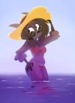 2025 anthro belly big_butt big_hat bikini biped bovid brown_hair butt caprine clothing eyewear female fingers fur grey_body grey_fur hair hi_res hooved_fingers hooves looking_aside mammal partially_submerged pusszone sheep solo summer_hat sunglasses swimwear two-piece_swimsuit wearing_sunglasses wide_hips