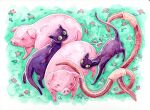  animal animal_focus border bug cat colored_sclera colored_skin commentary english_commentary field fleebites flower flower_field grass green_background green_eyes green_sclera highres looking_at_viewer no_humans no_mouth original outdoors oversized_animal painting_(medium) pig pink_skin purple_cat purple_flower purple_fur red_flower squinting tail_raised traditional_media watercolor_(medium) white_border worm yellow_eyes yellow_sclera 