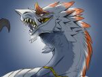 ambiguous_form ambiguous_gender dragon fur furred_dragon furred_scalie glistening glistening_eyes grey_body grey_fur imperatorcaesar looking_at_viewer markings mythological_creature mythological_scalie mythology open_mouth orange_markings red_eyes scalie simple_background solo white_body white_fur