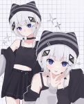  1girl absurdres alternate_costume beanie black_hat black_jacket black_nails black_shirt black_skirt blue_eyes bow cevio choker closed_mouth crop_top ear_piercing flat_chest grid_background hair_bow hair_ornament hat highres jacket kafu_(cevio) long_sleeves looking_at_viewer medium_hair multiple_views off_shoulder open_clothes open_jacket open_mouth piercing saka_(sa_ka) shirt sidelocks single_bare_shoulder skirt sparkle tank_top v v_over_mouth x_hair_ornament 