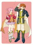  1boy 1girl armor ascot black_armor black_boots black_coat boots brown_eyes brown_hair cape closed_mouth coat collarbone cupping_hands curtained_hair ethlyn_(fire_emblem) falling_petals fire_emblem fire_emblem:_genealogy_of_the_holy_war folded_ponytail full_body gold_belt gold_trim hair_between_eyes hand_on_own_hip hands_up high_collar holding holding_petal husband_and_wife knee_boots long_hair long_sleeves looking_at_another looking_at_viewer looking_up miniskirt neeeeeeega_2025 orange_cape own_hands_together pants parted_bangs pauldrons petal_on_head petals pink_background pink_eyes pink_hair pink_petals pink_shirt purple_skirt quan_(fire_emblem) raised_eyebrows shirt short_hair shoulder_armor sidelocks skirt smile standing white_ascot white_boots white_cape white_pants 