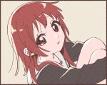  1girl black_border black_shirt border from_side grey_background highres hugging_own_legs knees_up looking_at_viewer medium_hair namori original paper_texture parted_lips red_eyes red_hair sailor_collar school_uniform serafuku shirt simple_background solo white_sailor_collar 