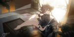  1girl absurdres barefoot black_dress black_gloves black_hair blue_archive butterfly_hair_ornament china_dress chinese_clothes double_bun dragon_print dress feet_on_table gloves hair_between_eyes hair_bun hair_ornament hayate_(1034853996) highres jacket kisaki_(blue_archive) long_hair looking_at_viewer on_chair sidelocks sitting sleeveless sleeveless_dress solo striped_clothes striped_jacket twintails vertical-striped_clothes vertical-striped_jacket 