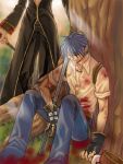  2boys black_coat black_gloves black_pants blacksmith_(ragnarok_online) blood blood_on_clothes blue_hair blue_pants closed_eyes closed_mouth coat commentary_request fingerless_gloves full_body gloves head_out_of_frame itsuru lowres male_focus multiple_boys pants priest_(ragnarok_online) ragnarok_online shirt short_hair short_sleeves sitting smile solo_focus tree under_tree white_shirt 