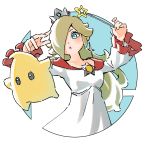  1girl black_eyes blonde_hair blue_eyes crown dot_nose dress earrings floating hair_over_one_eye highres holding holding_wand jewelry long_hair luma_(mario) nishikuromori parted_lips pink_lips princess rosalina simple_background star_(symbol) star_earrings super_smash_bros. wand white_background white_dress 