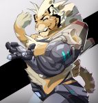  2017 absurd_res anthro cybernetic_arm cybernetic_leg cybernetic_limb cybernetics felid fur half-length_portrait hi_res machine male mammal pantherine portrait side_view simple_background solo tan_body tan_fur tiger tusks vincethetiger white_body white_fur 