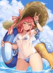  1girl absurdres animal_ears bangs bikini blue_bikini blue_sky bow character_name closed_mouth cloud day eyebrows_visible_through_hair fate/grand_order fate_(series) fox_ears fox_shadow_puppet fox_tail hand_up hat highres looking_at_viewer navel outdoors partially_submerged pink_hair ribbon shirt short_hair side-tie_bikini sky smile solo straw_hat striped striped_bow striped_ribbon swimsuit tail tamamo_(fate)_(all) tamamo_no_mae_(swimsuit_lancer)_(fate) thighs water wet wet_clothes wet_shirt yellow_eyes yukaring1 