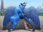  4:3 absurd_res anthro anus butt clothing cutie_mark detailed_background dock equid eyewear female friendship_is_magic genitals glasses hasbro hi_res horn mammal my_little_pony outside princess_luna_(mlp) pussy rear_view selenophile shadow solo spread_legs spreading winged_unicorn wings 