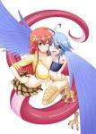  2girls ;) ;d ahoge asymmetrical_docking belt blue_hair blue_wings blush breast_press breasts cover cover_page feathered_wings flat_chest full_body hair_ornament hairclip harpy lamia large_breasts long_hair looking_at_viewer manga_cover miia_(monster_musume) miniskirt monster_girl monster_musume_no_iru_nichijou multiple_girls navel official_art okayado one_eye_closed open_mouth orange_eyes papi_(monster_musume) pointy_ears red_hair scales shirt short_hair short_shorts shorts simple_background skirt slit_pupils smile talons tied_shirt white_background wings yellow_eyes 