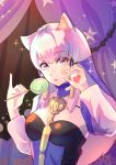  1girl animal_ears bangs breasts cat_ears choker cleavage detached_sleeves eyebrows_visible_through_hair fire_emblem fire_emblem:_three_houses hair_ornament heart highres holding long_hair long_sleeves looking_at_viewer lysithea_von_ordelia medium_breasts purple_choker red_eyes riou_(pooh920) silver_hair solo tongue tongue_out upper_body white_sleeves 