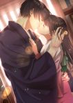  1boy 1girl black_hair black_kimono bookshelf closed_eyes couple cover cover_page day gradient_kimono hetero highres indoors izumi_(stardustalone) japanese_clothes kimono kiss lens_flare long_hair making-of_available pink_kimono renri_no_chigiri_wo_kimi_to_shiru white_kimono 