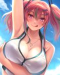  1girl :q absurdres arm_up armpits azur_lane black_hair blue_sky blush breasts bremerton_(azur_lane) bremerton_(scorching-hot_training)_(azur_lane) cleavage cloud collarbone commentary_request day fingernails hair_between_eyes hair_ornament heart heart_necklace highres himamo large_breasts looking_at_viewer multicolored_hair pink_eyes red_hair short_hair sky smile solo sportswear tennis_uniform tongue tongue_out twintails two-tone_hair upper_body x_hair_ornament 