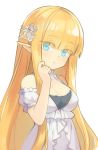  1girl bangs blonde_hair blue_eyes blunt_bangs blush breasts cleavage elf eyebrows_visible_through_hair eyes_visible_through_hair frills light_blush long_hair looking_at_viewer minoa_(lastswallow) original parted_lips pointy_ears simple_background solo white_background 