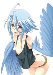  1girl :d ahoge arched_back bare_shoulders blue_hair breasts cleavage eyebrows_visible_through_hair feathered_wings hair_between_eyes harpy leaning_forward looking_at_viewer monster_girl monster_musume_no_iru_nichijou no_bra official_art okayado open_mouth orange_eyes papi_(monster_musume) short_hair short_shorts shorts simple_background small_breasts smile solo white_background wings 