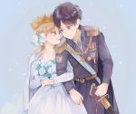  1boy 1girl black_hair blonde_hair blue_eyes bouquet brooch christa_renz collared_shirt commentary_request couple crown dress eren_yeager eye_contact flower hair_flower hair_ornament holding holding_bouquet jewelry locked_arms long_hair looking_at_another military military_uniform pendant rose shingeki_no_kyojin shirt short_hair sword tonshi uniform weapon white_dress white_flower white_rose white_shirt 