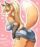  &lt;3 accessory anthro bare_shoulders big_breasts big_butt biped black_nose blonde_hair blush breasts brown_body brown_fur butt candy canid canine cheek_tuft clothed clothing cute_fangs dessert dipstick_ears dipstick_tail dress facial_tuft female fluffy fluffy_tail food fox fox&#039;s_sister_(kinokoningen) fur gloves_(marking) hair hair_accessory hairband hi_res holidays kemono kinokoningen long_hair looking_at_viewer looking_back mammal markings monotone_hair multicolored_body multicolored_ears multicolored_fur multicolored_tail open_mouth open_smile orange_body orange_fur pink_background ponytail raised_tail rear_view red_eyes simple_background smile solo standing tuft two_tone_ears two_tone_tail valentine&#039;s_day white_body white_fur 