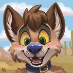  1:1 2020 anthro blue_eyes blue_nose blue_sky brown_body brown_fur buckle cactus canid canine canis canyon cheek_tuft cloud collar coyote day desert detailed_background digital_media_(artwork) eyebrows facial_tuft front_view fur green_eyes head_tuft headshot_portrait heterochromia koidelcoyote_(character) looking_at_viewer male mammal open_mouth open_smile outside pandapaco portrait prick_ears signature sky smile solo teeth teeth_showing tuft whisker_spots white_inner_ear_fluff yellow_sclera 