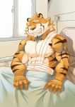  abs absurd_res anthro bandage bed bedding blanket felid furniture grin hi_res hospital live-a-hero male mammal muscular muscular_anthro muscular_male nipples pantherine pecs raiki rick_(pixiv) smile solo tiger wounded 