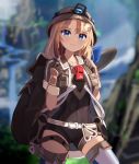  1girl backpack bag belt belt_pouch blonde_hair blue_eyes blurry blurry_background brown_gloves cliff collarbone cosplay cowboy_shot day dayshiart depth_of_field gloves highres hill hololive hololive_english leotard lips looking_at_viewer made_in_abyss medium_hair mining_helmet mountain open_clothes open_vest outdoors pouch riko_(made_in_abyss) riko_(made_in_abyss)_(cosplay) solo sunlight thigh_strap thighhighs tree vest vest_pouch water waterfall watson_amelia whistle whistle_around_neck white_legwear 
