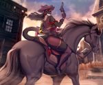  2020 ambiguous_gender anthro black_hair bridle clothed clothing cloud day detailed_background digital_media_(artwork) equid equine female feral hair horse knight_dd mammal outside reins riding saddle sky tack western 