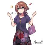  1girl :3 alternate_costume artist_name bag beamed_eighth_notes blouse brown_hair commentary_request cowboy_shot eighth_note flipped_hair floral_print green_eyes hiei_(kantai_collection) highres jewelry kantai_collection long_skirt musical_note necklace patenusu pleated_skirt purple_blouse short_hair simple_background skirt solo unmoving_pattern white_background 
