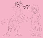  anthro bottomwear clothing dialogue digimon digimon_(species) digitigrade dinosaur dromaeosaurid duo guilmon kyrio male nude reptile scalie shirt shorts standing t-shirt text theropod thick_tail topwear 