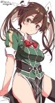  1girl asymmetrical_legwear breasts brown_hair commentary_request cowboy_shot green_shirt hair_between_eyes hair_ribbon highres kantai_collection laco_soregashi long_hair looking_at_viewer pelvic_curtain red_neckwear remodel_(kantai_collection) ribbon shirt side_slit simple_background single_thighhigh small_breasts solo thighhighs tone_(kantai_collection) twintails twitter_username white_background 