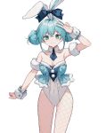  1girl :3 animal_ears aqua_eyes aqua_hair aqua_vest bare_shoulders bicute_bunnies_miku black_bow black_neckwear bow breasts bunny_ears bunny_girl cleavage collarbone commentary cowboy_shot double_bun fishnet_legwear fishnets fur-trimmed_vest hair_bow hair_bun hand_up hatsune_miku heridy highres leotard necktie salute short_necktie small_breasts smile solo standing v vocaloid white_background white_legwear white_leotard wrist_cuffs 