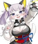  4_fingers accessory alternate_species anthro beverage beverage_can black_clothing black_dress black_nose blue_eyes blush breasts cleavage clothed clothing domestic_cat dress felid feline felis female fingers fully_clothed fur furrification hair hair_accessory hi_res holding_beverage holding_can holding_object kaguya_luna kemono kinokoningen looking_at_viewer mammal medium_breasts monotone_body monotone_fur monotone_hair open_mouth open_smile pawpads pigtails pink_pawpads purple_hair simple_background smile solo standing the_moon_studio white_background white_body white_fur white_inner_ear_fluff yellow_inner_ear 