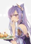  ... 1girl bare_shoulders black_gloves blush breasts bright_pupils double_bun earrings eating embarrassed empty_eyes flower food food_in_mouth food_on_face from_side full_mouth genshin_impact gloves grey_background hair_flower hair_ornament hand_to_own_mouth highres jewelry keqing lempika light_purple_hair long_hair medium_breasts purple_eyes shrimp shrimp_tempura simple_background single_glove solo sparkle sweatdrop tempura twintails upper_body 