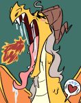  &lt;3 ahegao animaniacs animaniacs_(2020) anthro benedict_(animaniacs) blush bodily_fluids breath_powers dragon drooling edtertainerd elemental_manipulation eyes_closed facial_hair fangs fire fire_breathing fire_manipulation goatee green_background grey_hair hair hi_res horn looking_pleasured male open_mouth saliva scales simple_background solo tongue tongue_out warner_brothers wings yellow_body yellow_scales 