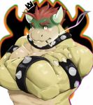  2017 absurd_res anthro armband bowser brown_eyes cigarette collar crossed_arms hair half-length_portrait hi_res horn koopa looking_at_viewer male mario_bros muscular muscular_anthro muscular_arms muscular_male nintendo portrait red_hair scalie smoking solo spiked_armband spiked_collar spikes tan_body three-quarter_view video_games vincethetiger white_horn 