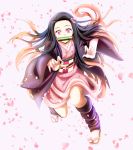  1girl absurdres bit_gag black_hair dt501061 floating_hair gag haori highres huge_filesize japanese_clothes kamado_nezuko kimetsu_no_yaiba kimono long_hair looking_at_viewer nail_polish obi orange_hair pink_eyes pink_kimono pink_nails print_kimono sash short_kimono solo tabi very_long_hair white_background white_legwear 