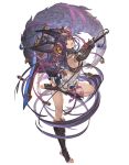 1girl absurdly_long_hair absurdres animal_ears bell black_hair dual_wielding elbow_gloves erune fox_ears fox_tail full_body fur gloves granblue_fantasy granblue_fantasy_versus hair_bell hair_ornament highres holding holding_sword holding_weapon huge_filesize jingle_bell long_hair open_mouth purple_eyes ribbon solo sword tail tail_ribbon thigh_ribbon toeless_legwear very_long_hair weapon yuel_(granblue_fantasy) 