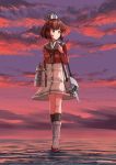  1girl absurdres adapted_turret binoculars brown_eyes brown_hair brown_neckwear cannon cloud dress full_body grey_sailor_collar highres kantai_collection looking_to_the_side neckerchief ocean outdoors red_shirt rudder_footwear sagoromo_04 sailor_collar sailor_shirt shirt short_hair signature solo standing standing_on_liquid sunset tan_yang_(kantai_collection) turret water white_dress yukikaze_(kantai_collection) 