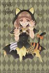  1girl aizen_(syoshiyuki) animal_ears animal_hood argyle argyle_background bangs black_cape black_skirt blunt_bangs bow brown_eyes brown_hair cape capelet cat_ears cat_hood cat_tail clenched_teeth cropped_legs fake_animal_ears fang halloween halloween_costume healin&#039;_good_precure highres hiramitsu_hinata hood hood_up hooded_capelet layered_skirt long_hair looking_at_viewer orange_bow precure pumpkin scrunchie shiny shiny_hair skirt solo tail tail_bow teeth trick_or_treat twintails v-shaped_eyebrows wrist_scrunchie yellow_neckwear yellow_scrunchie 