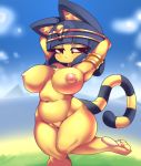  2020 5_fingers absurd_res animal_crossing ankha_(animal_crossing) anthro ashraely big_breasts blue_hair breasts clothing curvy_figure digital_media_(artwork) domestic_cat egyptian felid feline felis female fingers fur genitals hair headgear hi_res huge_breasts looking_at_viewer mammal nintendo nude pussy simple_background solo standing text thick_thighs uraeus video_games voluptuous wide_hips yellow_body yellow_fur 