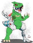  2019 anthro breasts claws cybernetic_arm cybernetic_leg cybernetic_tail cybernetics cyborg dinosaur drago_(earthbound) earthbound_(series) female genitals green_body hi_res looking_at_viewer machine meatboom mecha-drago nintendo non-mammal_breasts nude pussy red_eyes reptile scalie solo theropod video_games 