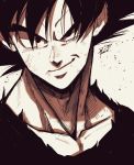  1boy bangs closed_mouth collarbone dragon_ball dragon_ball_z greyscale hair_between_eyes highres looking_at_viewer male_focus monochrome portrait shirt short_hair signature simple_background sketch smile solo son_goku spiked_hair sumutemu v-shaped_eyebrows 