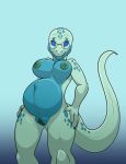  anthro bastiel blue_eyes erect_nipples female genitals green_body green_scales hi_res lizard lorekeeper_(character) nipples nude pregnant pussy reptile scales scalie solo 