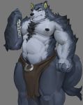  2018 absurd_res anthro black_nipples black_nose brown_clothing brown_eyes brown_loincloth canid canine canis chain chest_tuft clothing crotch_tuft fur grey_background grey_body grey_fur hi_res hybrid loincloth male mammal musclegut muscular_arms nipples portrait simple_background solo thick_thigs three-quarter_portrait topless_male tuft ursid vincethetiger wolf 
