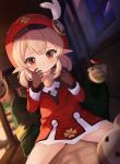  1boy 1girl absurdres beret blonde_hair blurry blurry_background blush clothed_sex genshin_impact gloves hat hawawa highres klee_(genshin_impact) medium_hair pointy_ears pov red_eyes solo_focus spread_legs straddling tears window 