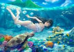  1girl barefoot bikini black_hair cat coral coral_reef fish freediving frilled_bikini frills higeneko highres island long_hair mountain original pillar ruins school_of_fish sea_turtle smile submarine summer swimming swimsuit turtle water_surface watercraft white_bikini 