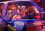  advertisement alex_(my_life_with_fel) anthro big_breasts breasts canid canine car clothing digital_media_(artwork) duo fel_(my_life_with_fel) felid fox fur hair hi_res kenno_arkkan looking_at_viewer mammal pantherine public red_hair text tiger vehicle 