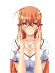  1girl absurdres adjusting_eyewear bespectacled breasts cleavage closed_mouth collarbone eyebrows_visible_through_hair glasses hair_between_eyes hair_ornament hairclip highres jewelry large_breasts long_hair looking_at_viewer miia_(monster_musume) monster_girl monster_musume_no_iru_nichijou necklace official_art okayado pointy_ears red_hair scales shirt short_sleeves simple_background slit_pupils smile solo upper_body white_background white_shirt yellow_eyes 