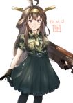  1girl ahoge alternate_costume artist_logo black_legwear black_skirt brown_hair camouflage commentary_request cowboy_shot dated double_bun dress_shirt gun hairband headgear kantai_collection kongou_(kantai_collection) ld long_hair looking_at_viewer pantyhose red_eyes rifle shirt short_sleeves simple_background skirt solo standing weapon white_background 